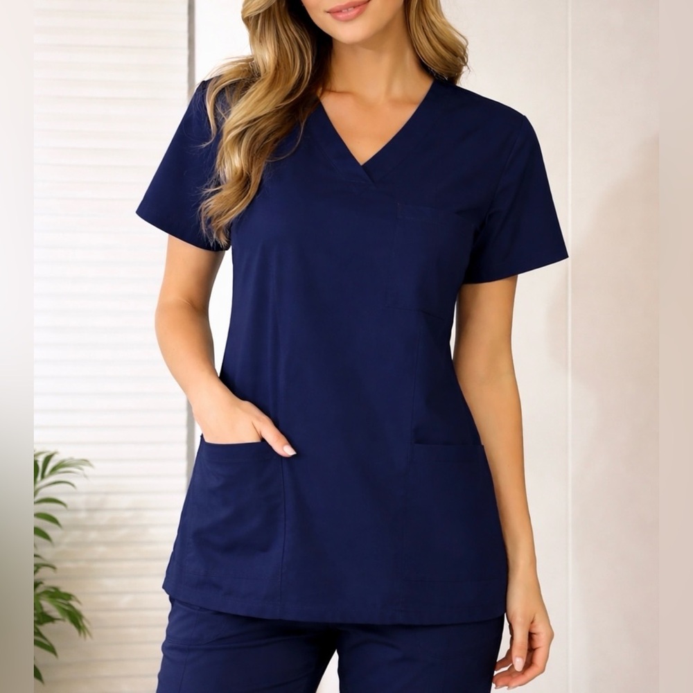 Blue Label Navy Scrub Top Medium V Neck Medical Uniform NWT